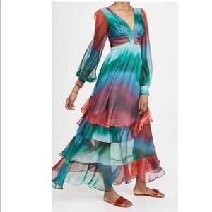 PATBO Sunset Cutout Maxi Dress Red blue green ruffle tiered 12 Rare